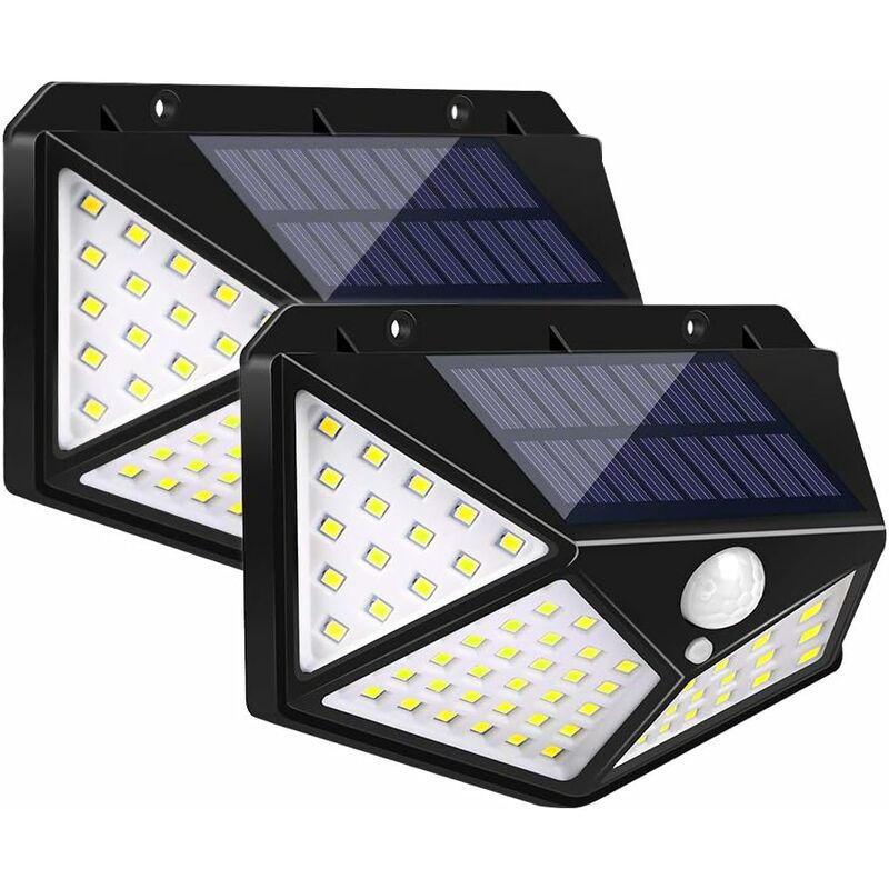 

Luces solares para exteriores, blanco cálido, 100 LED, luz solar, 1800 mAh, 270 °, sensor de movimiento gran angular, superbrillantes, luces solares