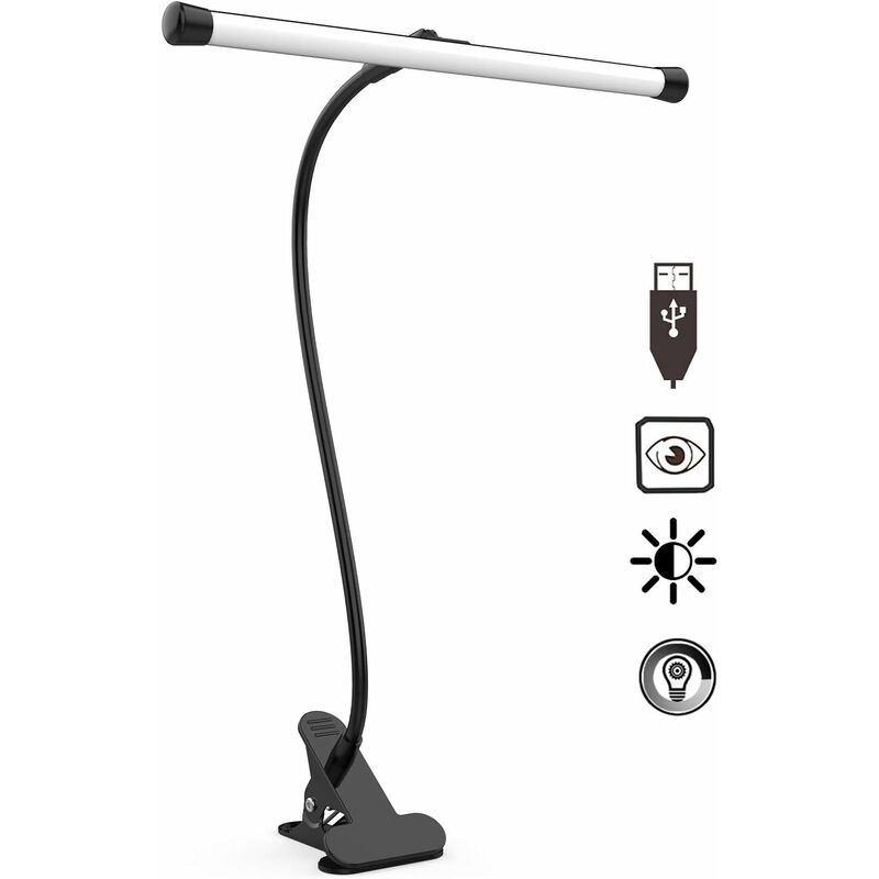 

Luz de clip LED Luz USB para el cuidado de los ojos con 10 niveles de brillo Luz de lectura negra de 7 W para escritorio, piano, cabecera