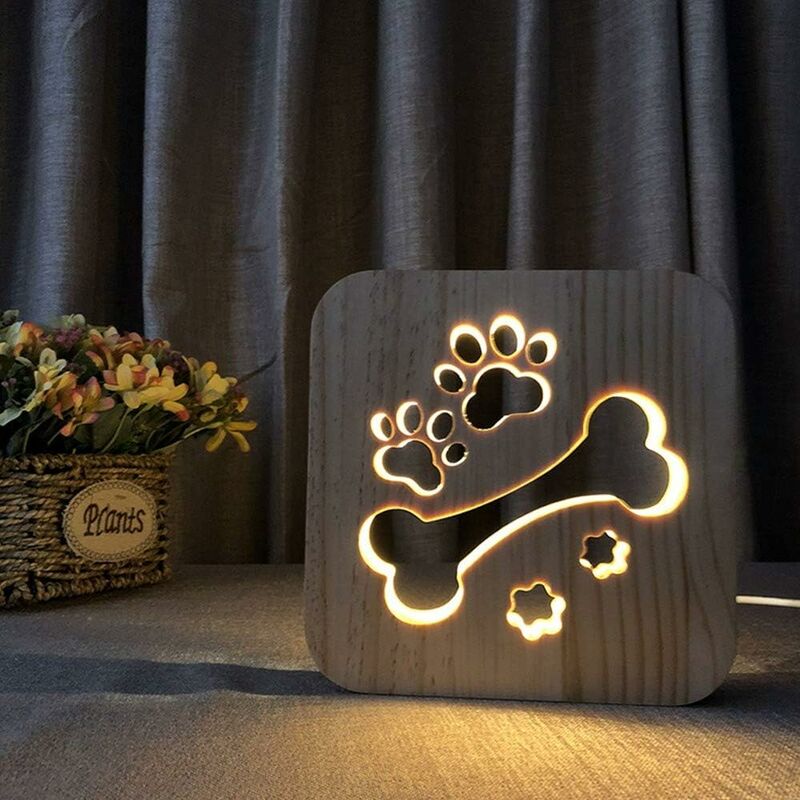 

Litzee - Luz de noche USB de madera tallada 3D Animal Paw Bone