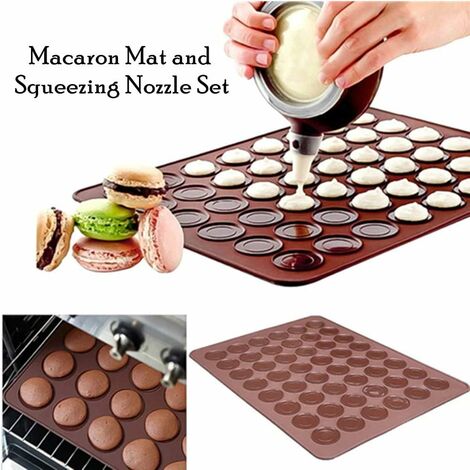 LITZEE Macaron Backmatte, Macaron Baiser-Platten-Silikonform für 48 Macaron-Schalen mit 1 Spritzbeutel und 4 verschieden geformten Spitzen