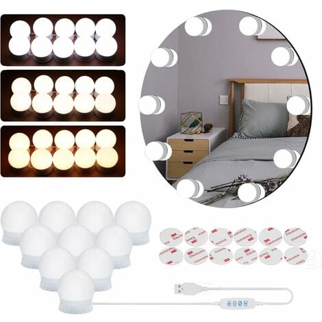 Hollywood Style Mirror Lights Kit Diy, Led Vanity Makeup Lamp 10 Globe  Bulbs Dimmable Stick On To Mirror Usb With 3 Light Colors & 10 Brightness  Level
