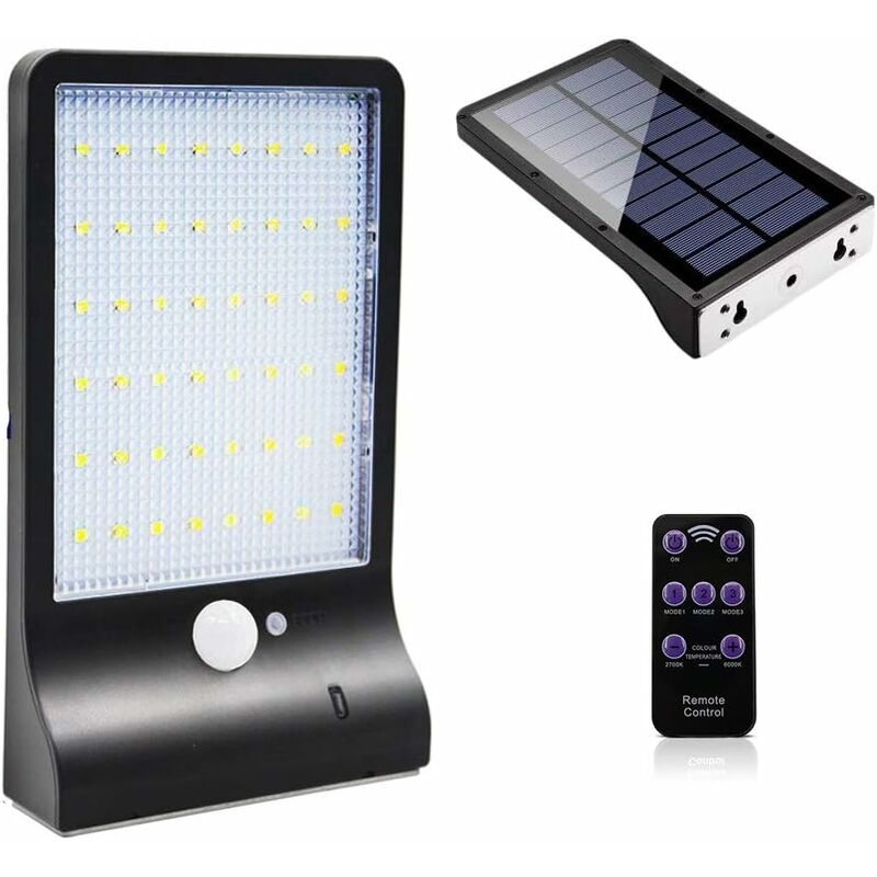 Outdoor Solarlampe 48 LED Bewegungsmelder Licht Dimmbar mit Funkfernbedienung Wasserdichte Solarlampe für Terrassenflur Tür Schwarz ohne Stange