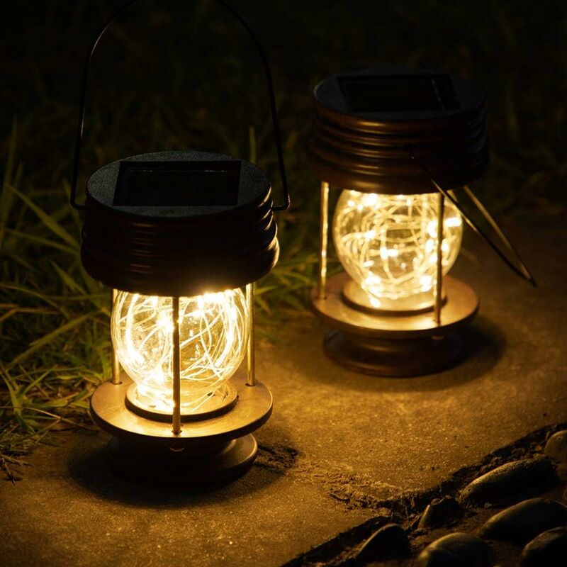 

paquete de 2 linternas solares impermeables para uso en exteriores con diseño LED solar retro para decorar patio, jardín, jardín y entrada