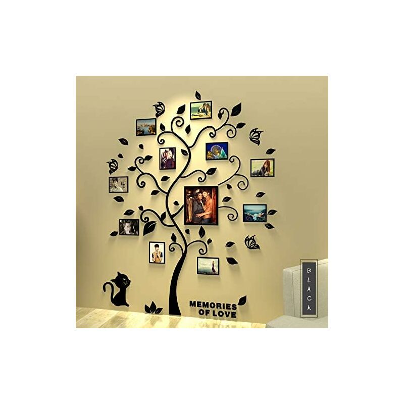 

Pegatinas de fotos extraíbles para pared Árbol de acrílico 3D con ramas curvas y marcos de fotos (Feulles negros)