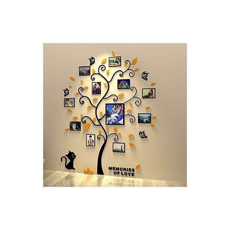 

Pegatinas de pared extraíbles de acrílico 3D Árbol con ramas curvas y marco de fotos (Feulles negras)