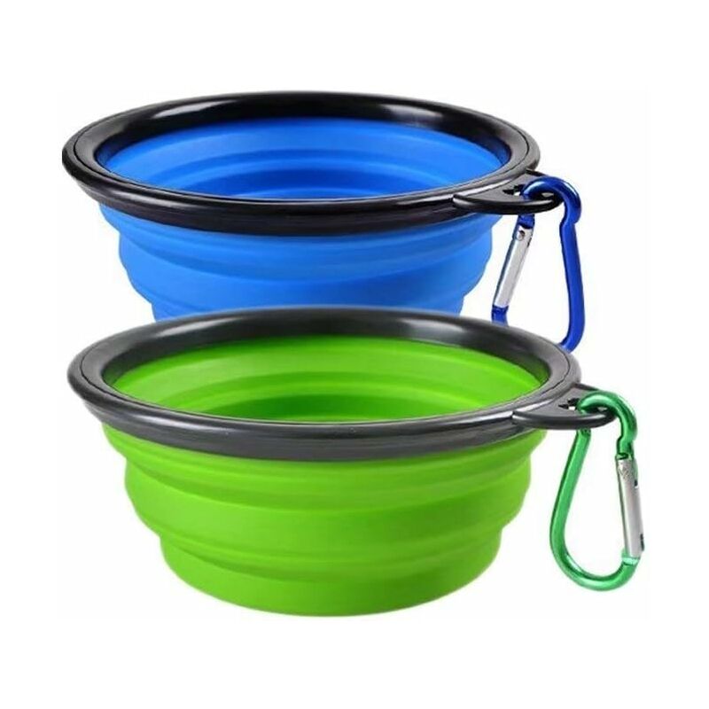 

pliable en silicone pour chien de compagnie Tazones de viaje para comida o agua para senderismo, camping, taza extensible, con mosquetón azul / verde