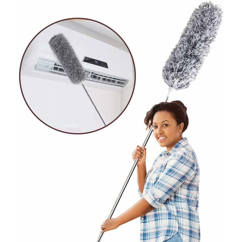 Plume avec manche extra long extensible, 30 à 100 cm en acier inoxydable télescopique avec tête de brosse en microfibre flexible - Litzee