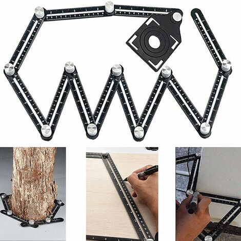 LITZEE Righello di misurazione multi-angolo per piastrelle, strumento ad angolo nero, stencil angolare in lega di alluminio, 12 strumenti laterali, adatto per carpenteria, piastrelle in ceramica