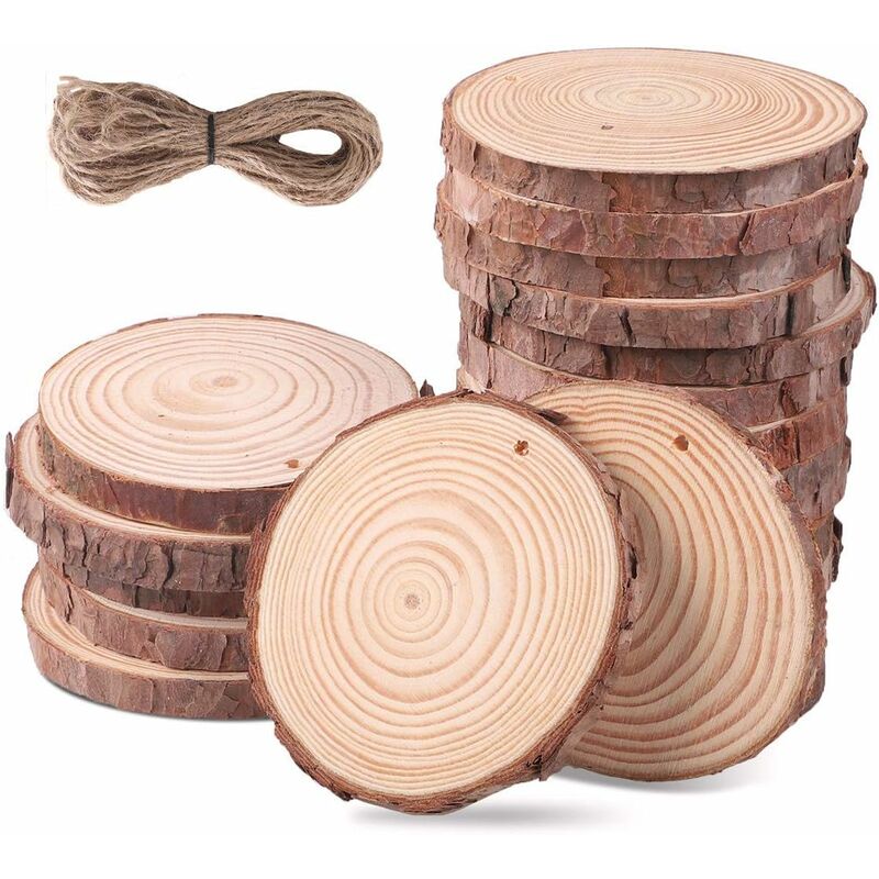 

Rodajas de madera 20 piezas Rodajas de madera de 8-9 cm con agujero y cuerda de yute 10 metros Rodajas de madera natural Rodajas de árbol de madera