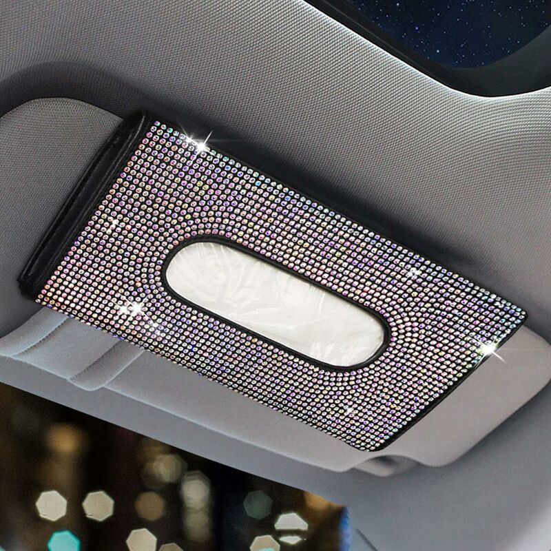 

Soporte para caja de pañuelos para visera de coche, servilletero brillante de cristal, funda para pañuelos de cuero de PU para el asiento trasero,