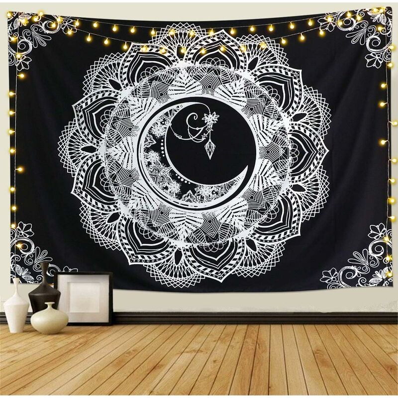 

Tapiz psicodélico con diseño de luna y flores Estilo hippie Blanco y negro Decoración de pared para dormitorio, sala de estar, dormitorio, fiesta 51