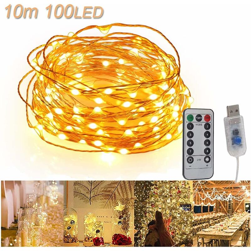 

USB Luces de cadena LED 10M 100 LED Cable de cobre Control remoto Impermeable IP65 Luces de estado de ánimo Luces de cadena Blanco cálido