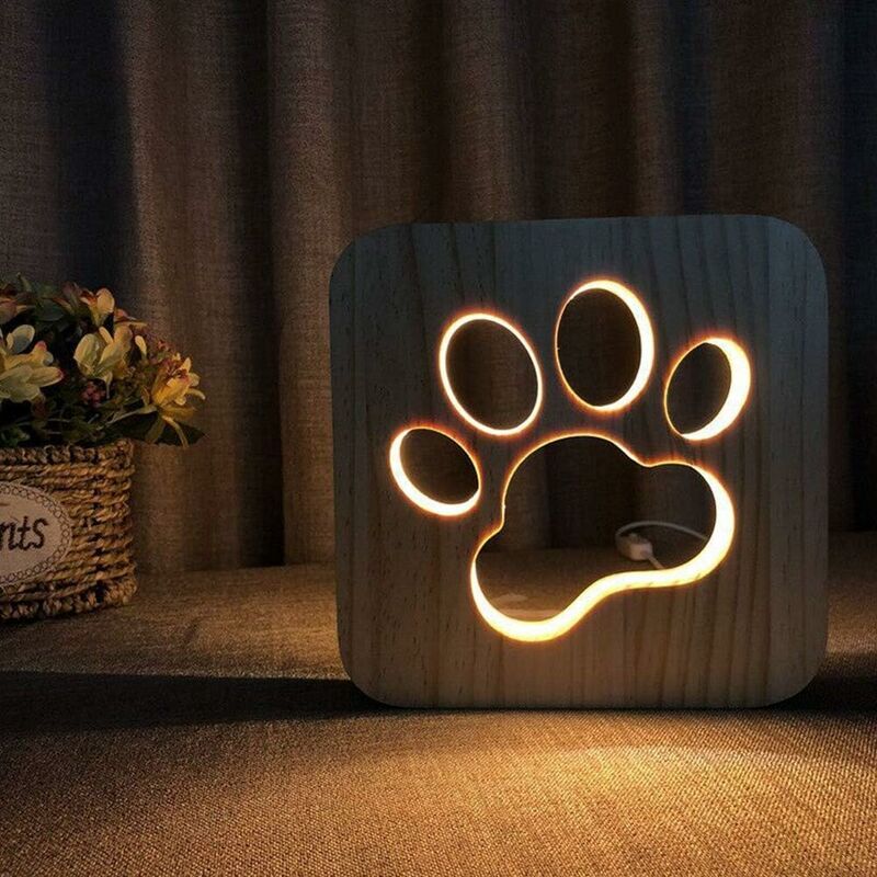 

Litzee - USB Luz de noche de madera tallada 3D Animal Paw Cat Claw.