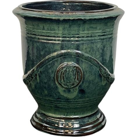 LIVEA Magelan 50x46 cm, pot grande taille d'extérieur fait main en terre cuite émaillée, résistant au gel, Vert Forêt
