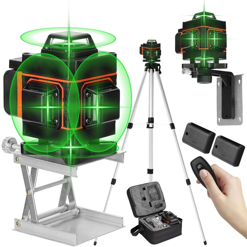 Image of Livella laser, 360° 4D 16 linee verdi 3° autolivellante, controllabile tramite telecomando, con 2 batterie e treppiede telescopico in alluminio da