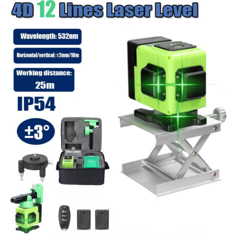 Livella laser 360° x 3, autolivellante, verde, per cantieri edili, con linee incrociate verticali e orizzontali, IP54, con borsa protettiva e 2 batterie, verde