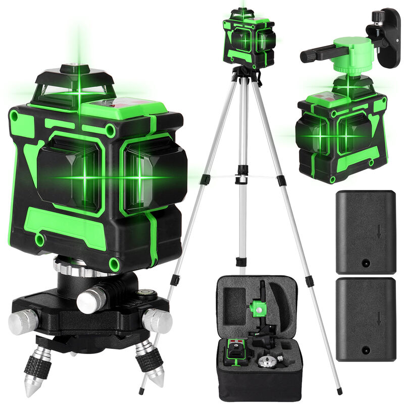 Image of Livella laser 3D con 12 linee, autolivellante, base girevole a 360° e barra di prolunga in lega di alluminio, laser verde