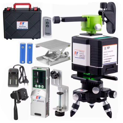 Livella Laser a 360°, Linee Laser Verdi, Strumento per Ristrutturazioni, 12 Linee, con Base Girevole — Ideale per Edilizia e Posa Pavimenti (2 Batterie Incluse)