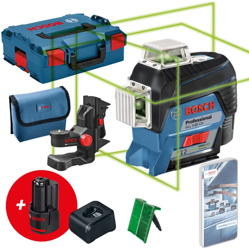 Image of Bosch - Professional Livella Laser 12V System gll 3-80 cg 2 Batterie 12V, Caricabattere, Laser Verde, Funzione con App, Supporto, Raggio d'Azione: