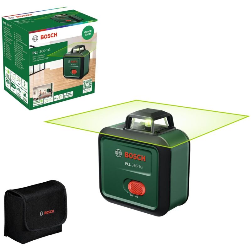 Livella laser PLL 360-1G de Bosch (laser verdede 360°, autolivellante, precisionede ±0,4 mm/m, batteria de agli ioni di litio ricaricabile integrata,