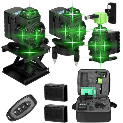 Livella laser professionale con 16 linee e 3° di autolivellamento - Precisione ±1mm/7m - 360° x 4 - Luce verde - IP54 - 2 batterie - Con telecomando e borsa per il trasporto, nero