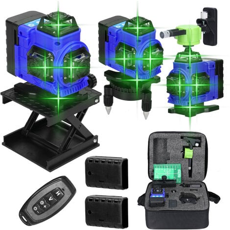 Livella laser professionale con 16 linee e autolivellamento di 3° - Precisione ±1mm/7m - 360° x 4 - Luce verde - IP54 - 2 batterie - Con telecomando e borsa per il trasporto, blu
