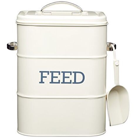 LIVING NOSTALGIA Kitchen Craft Barattolo di Latta con Scritta Feed, da 3 kg, con Cucchiaio, Colore: Panna Antica
