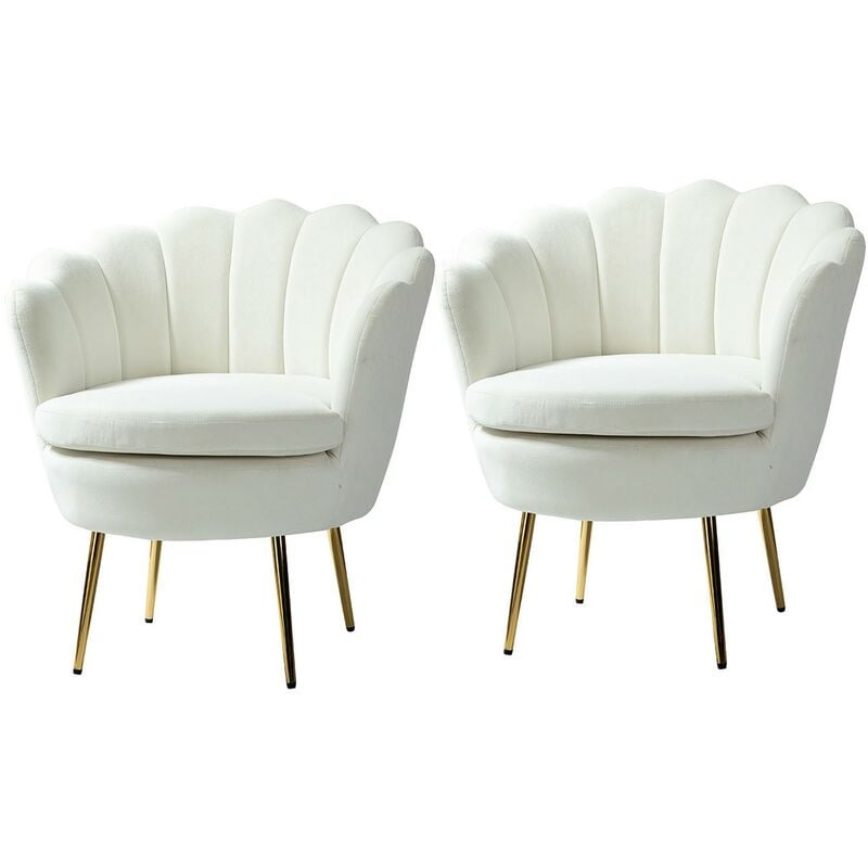 Set of 2 Living Room Armchair Velvet Tub Chair Comfy Upholstered Occasional Chair with Seashell Back Metal Leg for Lounge, White