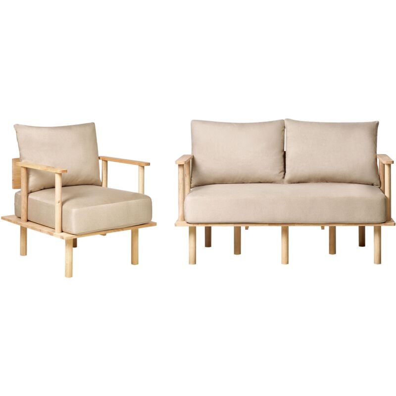 Beliani - Living Room Set 2 Seater Sofa Armchair Fabric Finished Back Wooden Legs Beige Asker
