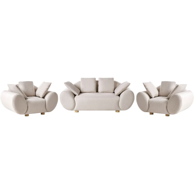 Beliani Fabric Living Room Set Light Beige Rubberwood Legs Woven Fabric Cushioned Back Modern Ringel