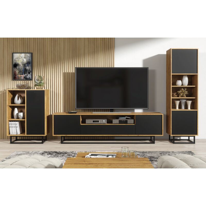 Creative Furniture - Living Room Set Loft Retro Industrial tv Unit Stand Vintage Oak Cabinet Cupboard - oak & black