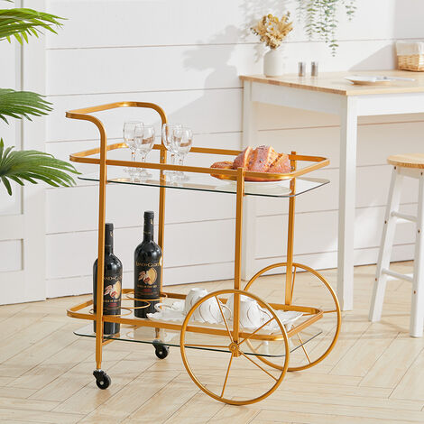 Livingandhome 2 Tier Kitchen Drink Trolley Glass Shelf Featured wheels, Copper