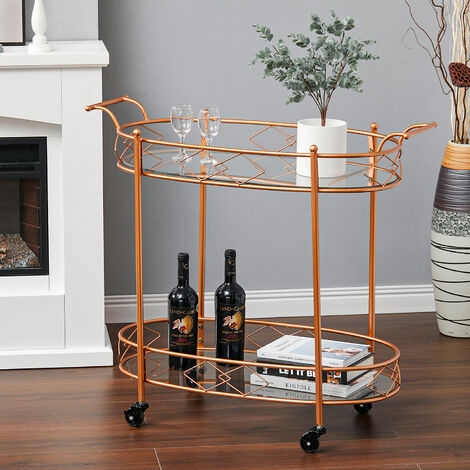 2 Tier Drinks Trolley With Glass Shelves Bar Cocktail Table Drink Table, Rose Gold