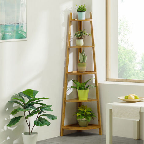 HOMCOM Industrial 5 Tier Ladder Shelf, Wall Mount Storage Shelves Bookcase  with Metal Frame, Corner Unit, Plant Flower Rack for Living Room, Balcony