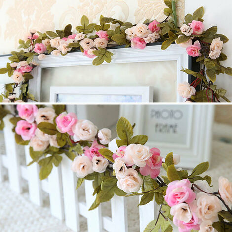 Livingandhome 7Ft Artificial Pink Silk Rose 42 Heads Flowers Hanging Garland Vine Wreath Decor