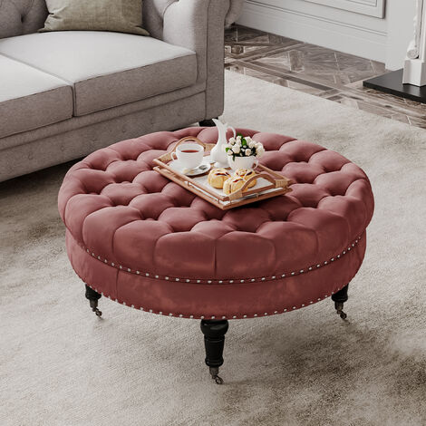 85CM Velvet Round Buttoned Footstool With 4 Casters