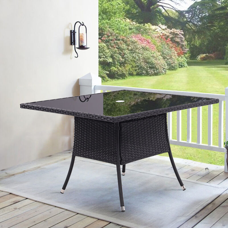 Black 105CM Garden Square Rattan Glass Table With Umbrella Hole