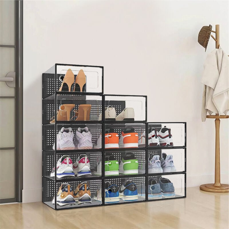 Black 12 Stackable Shoe Storage Box Organiser