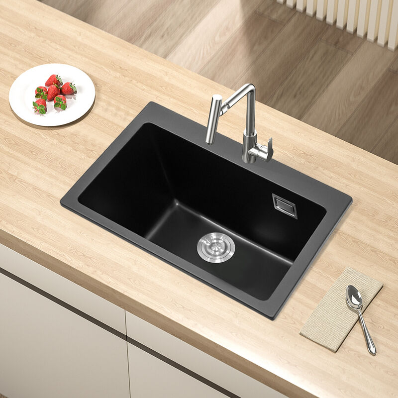 Livingandhome Black 73.5x49cm Quartz Undermount Kitchen Sink Single Bowl