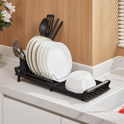 Matte Black Metal Dish Rack (42 X 31.5 X 15.5Cm) - Over Sink Dish Rack With  Cutlery Holder And Plastic Drip Tray For Storage 