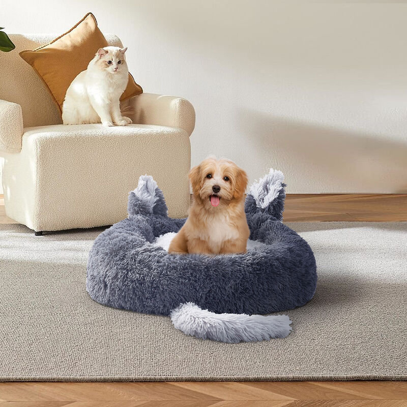 Dark Grey 70cm Round Plush Pet Dog Cat Bed with Cute Ears