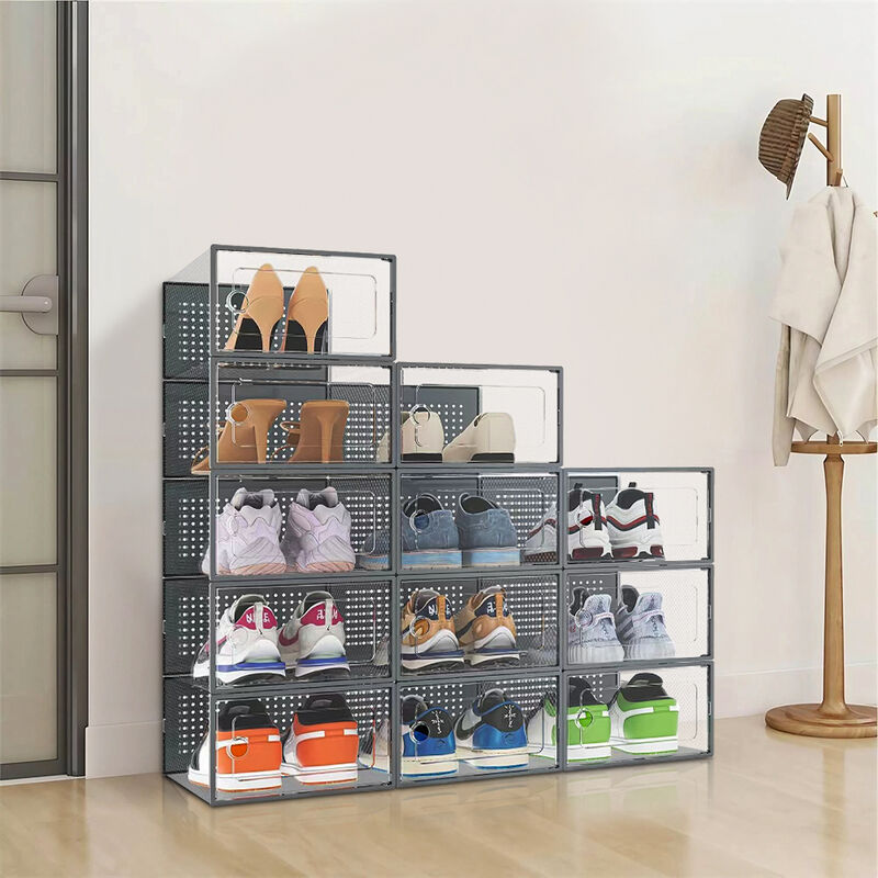 Grey 12 Stackable Shoe Storage Box Organiser