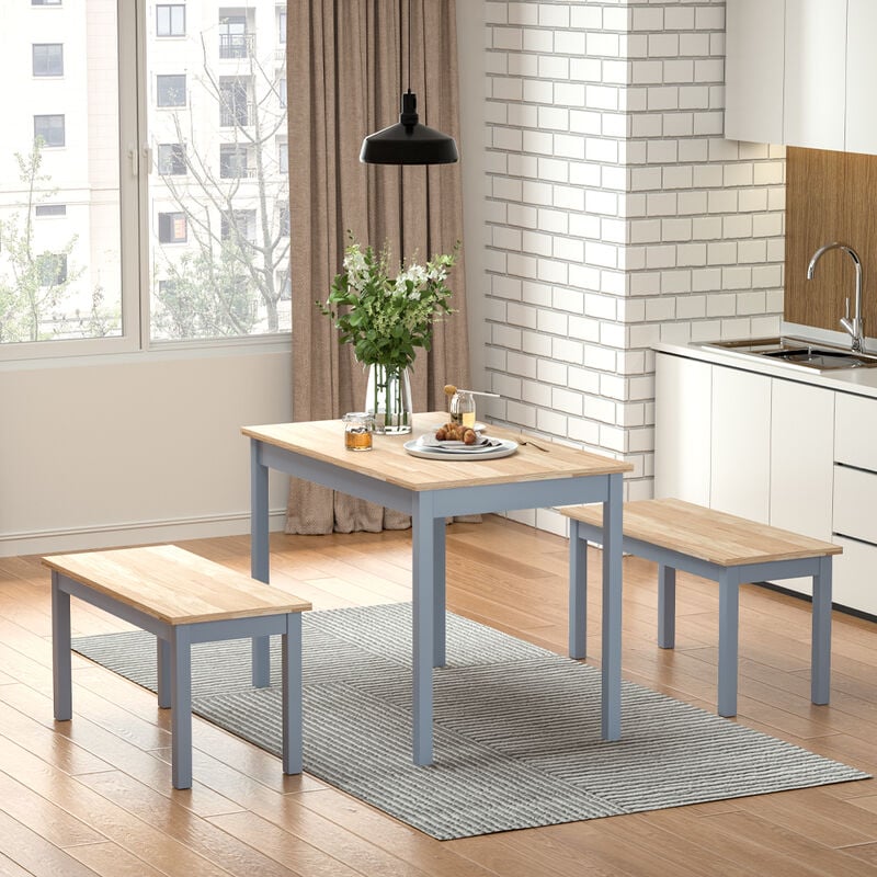 Grey Set Of 3 Modern Wood Dining Table And Benches