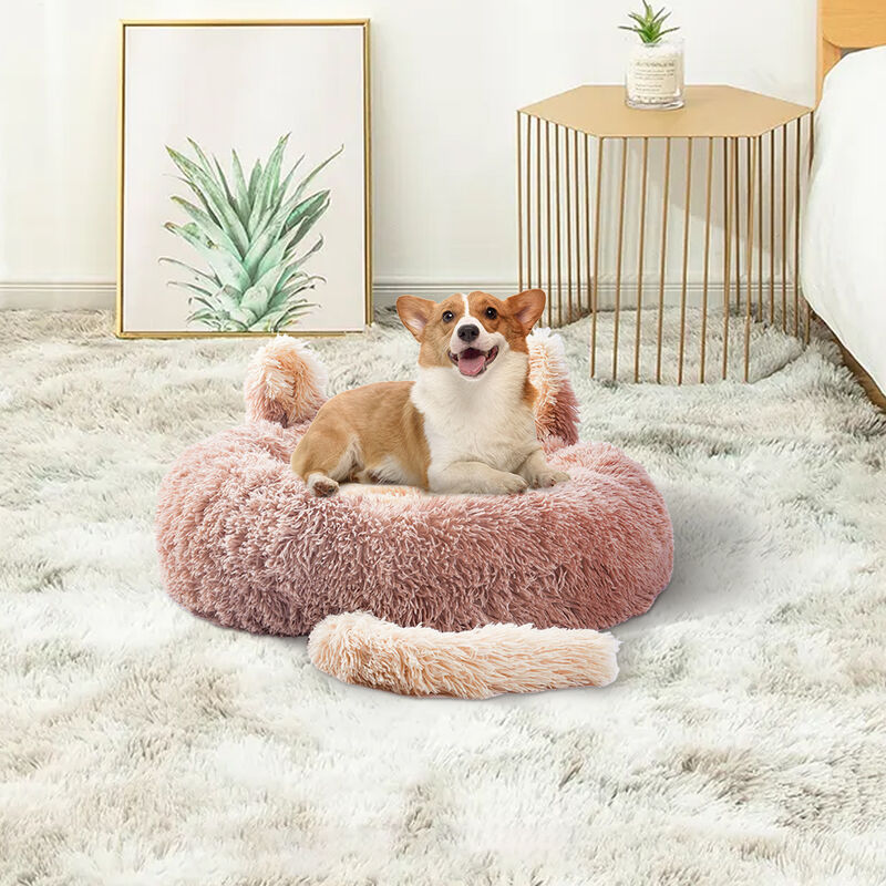 Light Brown 60cm Round Plush Pet Dog Cat Bed with Cute Ears