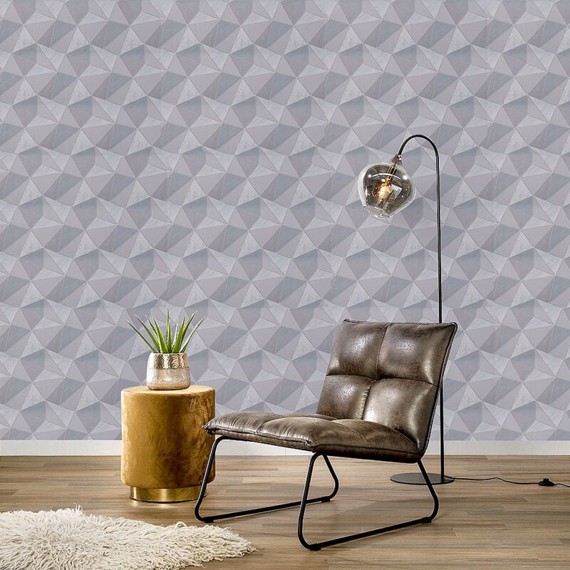 Livingandhome - Light Grey Metallic Geometric Wallpaper Roll