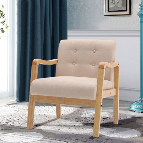 Livingandhome Modern Linen Fabric Buttoned Armchair Soild Wooden Frame, Beige