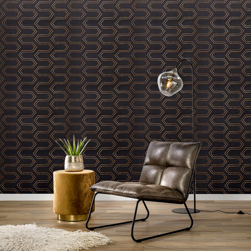 Livingandhome - Black and Gold Self Adhesive Geometric Wallpaper