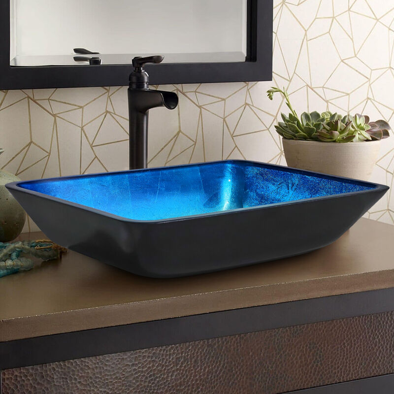 Rectangular Blue Glass Vessel Bathroom Sink Drain Set