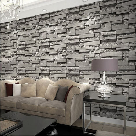 Livingandhome Stacked Brick Wallpaper Realistic 3D Effect Rustic Feature Wall Covers, Dark Grey
