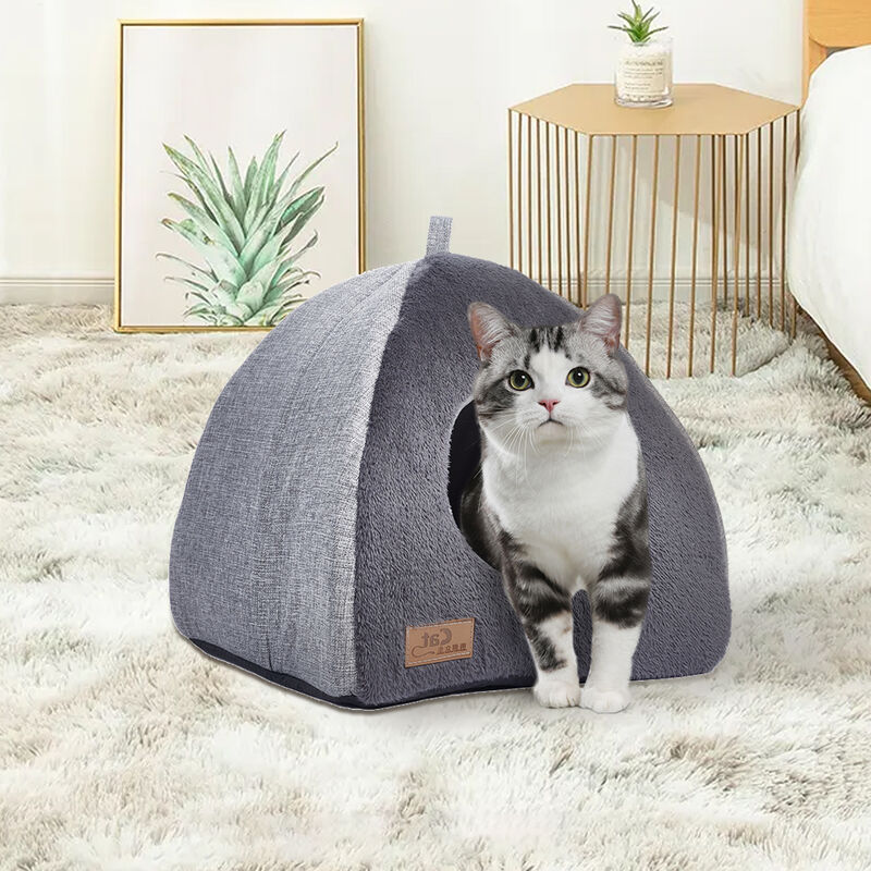 Triangular Medium Dog Cat House with Soft Plush Cat Sleeping Bed